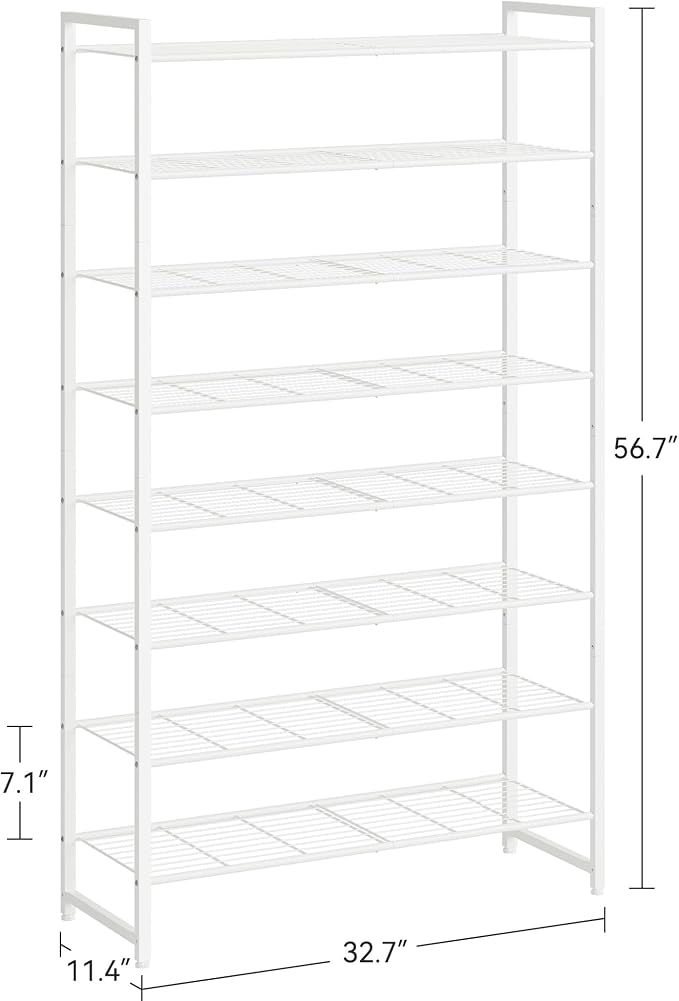 Nunsino Shoe Rack for Closet, Metal Shoe Organizer, 8 Tier Garage Shoe Rack Max Holds 40 Pairs,Shoe Storage Shelf,Entryway, White