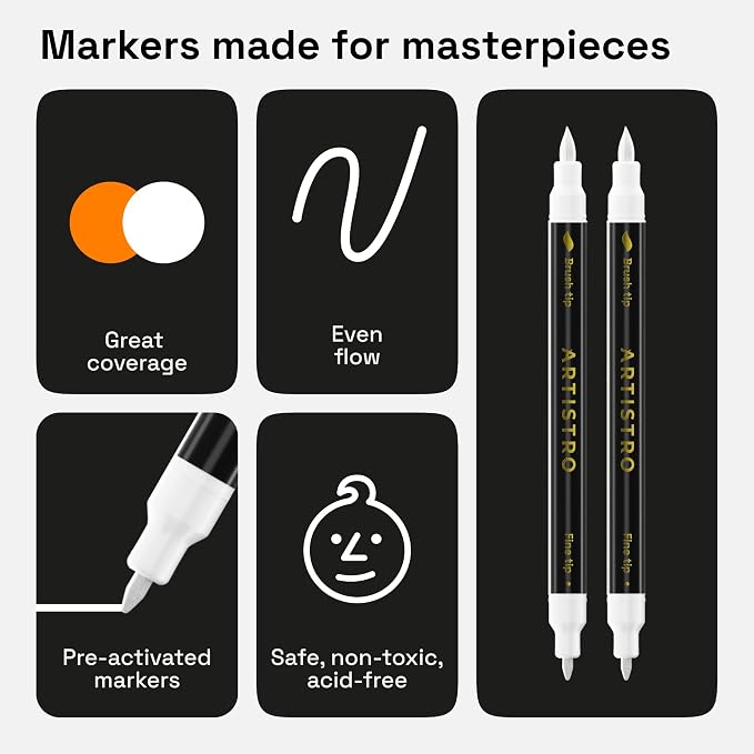 ARTISTRO 2 White Dual-Tip Fabric Markers Decorating Kit Permanent for Cloth | Brush & Fine Tip, Acrylic Paint Pens for Sneakers, Bags, Shoes, Textiles, Canvas, Sewing, Craft, & DIY