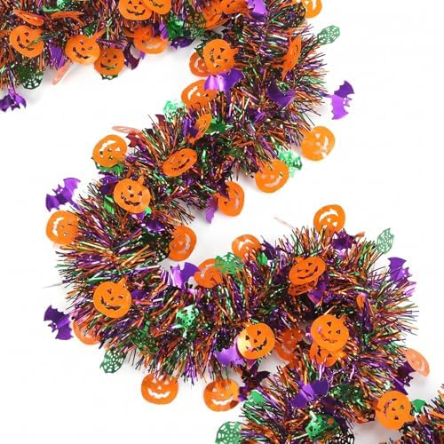 50 Ft Halloween Tinsel Garlands,Funny Pumpkin Bats Spider and Web Shiny Metallic Twist Foil Tinsel Garland Hanging Holiday Decorations for Home Indoor Outdoor Festivities Party Decor