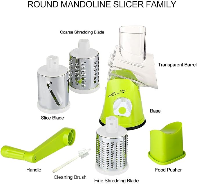 Cambom Rotary Cheese Grater Hand Crank Cheese Shredder for Fresh Cheese, Vegetable, Nuts,Non-slip Suction Base，Three Blades,Green