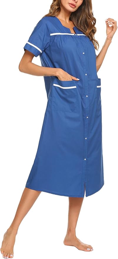 Ekouaer Womens Snap Front Dusters Cotton Housecoat Short Sleeve Nightgown House Dress With Pockets