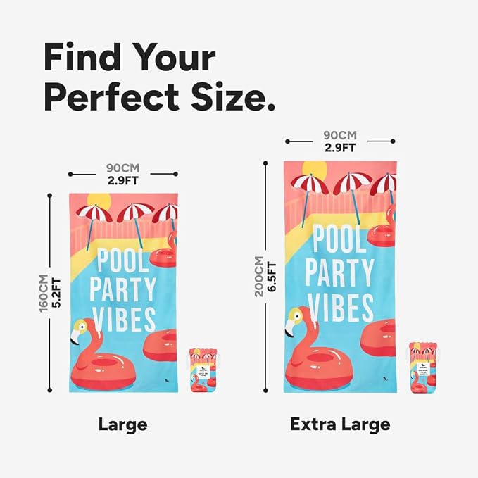 Dock & Bay Beach Towel - Quick Dry, Sand Free - Compact, Lightweight - 100% Recycled - Includes Bag - Pool Party Vibes - Extra Large (200x90cm, 78x35)
