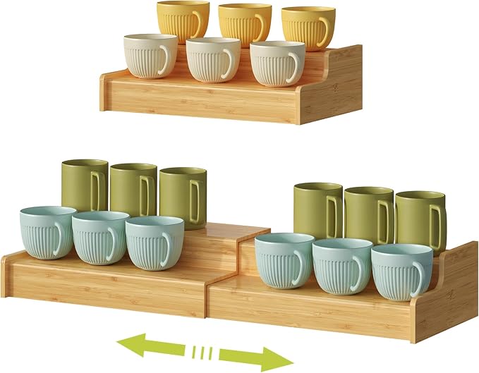 Hongtamoya 2-Tier Expandable Bamboo Mug Holder Coffee Mug Rack Organizer for Countertop, Multi-Functional Mug Display Shelf for Coffee Bar, Kitchen, and Home (15.35"~29.92")