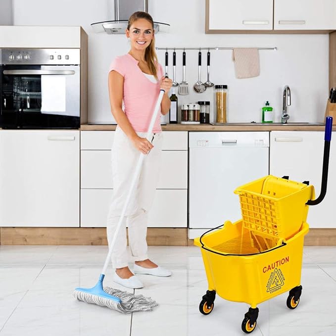 Mop Bucket, Commercial Bucket for Mopping on Wheels with Potable Handle, Mop Bucket with Wringer for Home, Household, Office, Bathroom, Yellow (25 Quarts)