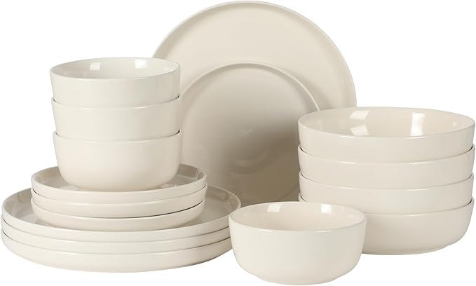 Gibson Home Serenity 16 Piece Modern Porcelain Dinnerware Set for 4, Linen White Plates and Bowls Set, Dinner Plates, Salad Plates, Pasta Bowls, Cereal Bowls