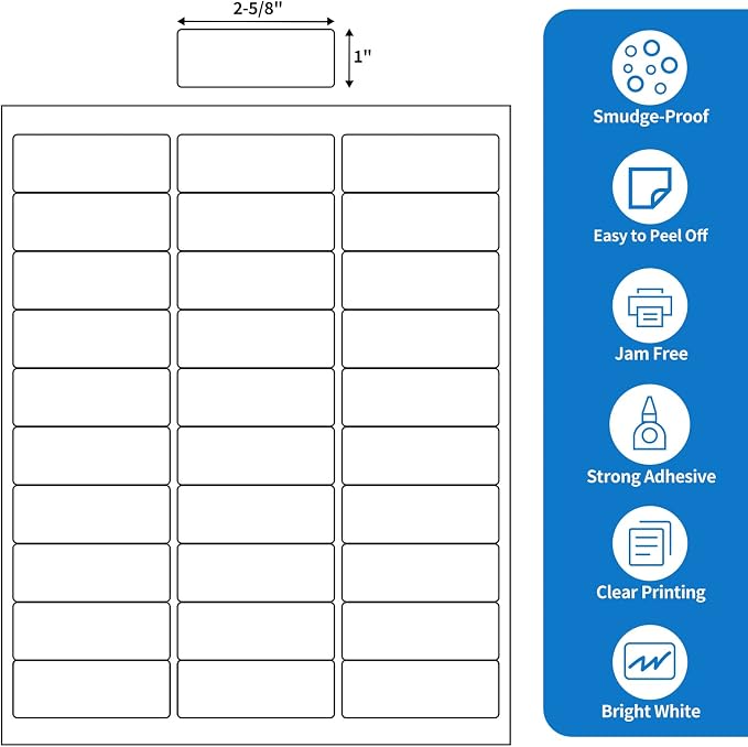 BESTEASY 30-up 100 Sheets 1" X 2-5/8" Address Shipping Labels for Laser and Inkjet Printers, FBA Product Labels (3000 Labels)