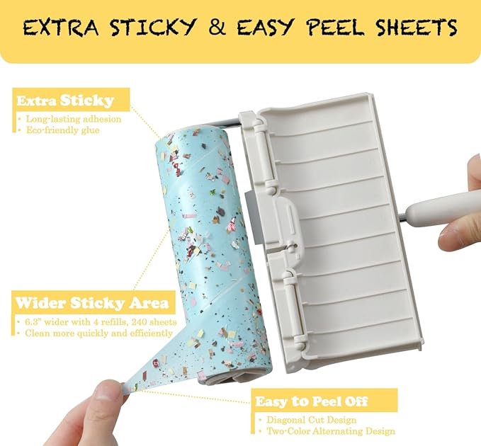 Large Surface Lint Roller Extra Sticky with Extendable Long Handle Dust-Proof Cover 6.3'' Wider 240 Sheets, Lint Rollers for Pet Hair Extra Sticky 400 Sheets