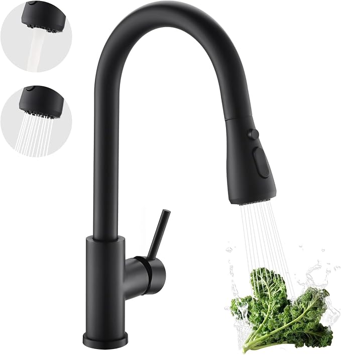 Kicimpro Matte Black Kitchen Faucet with Pull Down Sprayer, 304 Stainless Steel, 23-Inch Extended Hose Design, Three Water Functional Ways, Easy Installation | 304 Stainless Steel,10-Min DIY Install,23-Inch Pull-Down Hose,2-Function Spray,360° Swivel S...