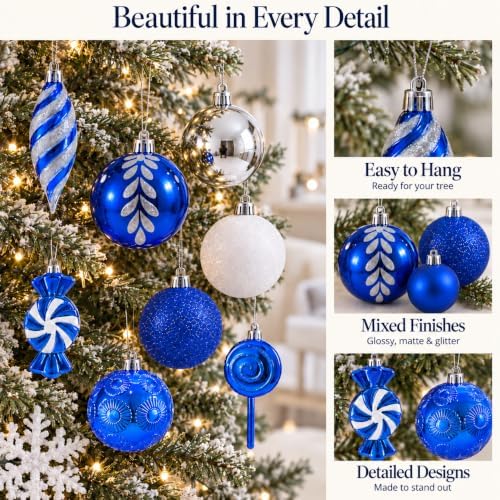 130 Pcs Blue, Silver & White Christmas Ball Ornaments, Shatterproof