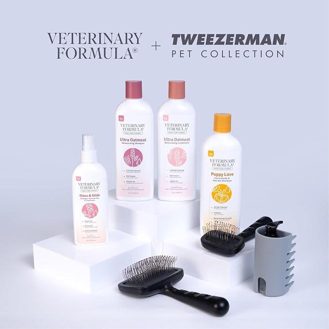 Smooth Coat Care Set by Veterinary Formula & Tweezerman – Gloss & Glide Detangling Spray with Small Slicker Brush for Dogs, Cats, Puppies & Kittens – Tangle-Free Grooming Duo for Everyday Shine