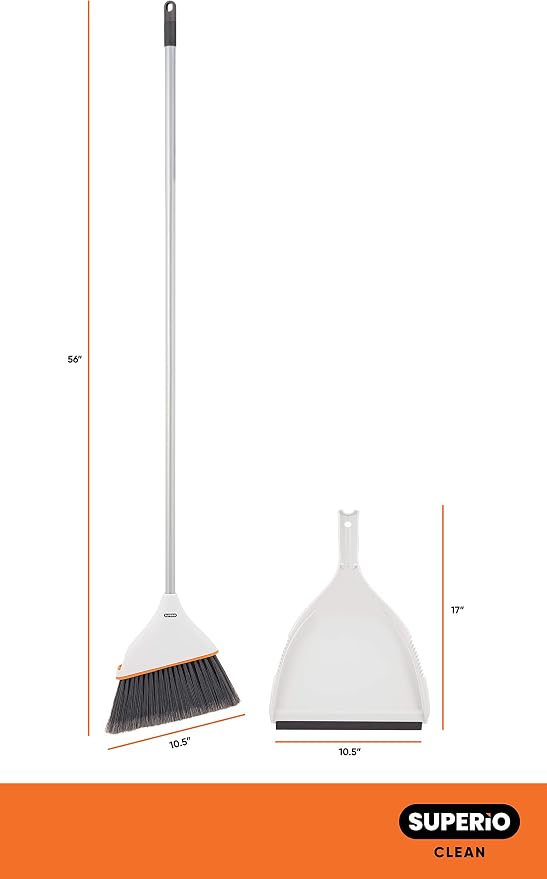 Superio Angle Broom with Clip-On Dustpan Set Angle Shape to Reach Narrow Spaces. (Soft Gray)