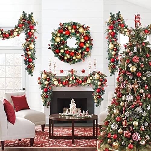 WANNA-CUL Pre-Lit 9ft Christmas Garland with Lights 50 LED Red Gold Baubles