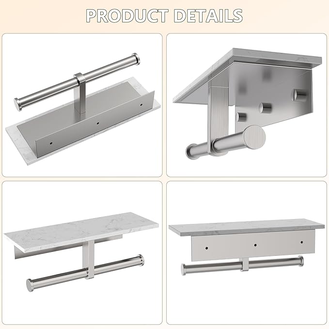 Marble Toilet Paper Holder with Shelf,Doulble Bathroom Tissue Roll Holder,304 Stainless Steel Toilet Paper Holder Wall Mounted,Modern Tissue Holder for Bathroom Washroom,Brushed Nickel