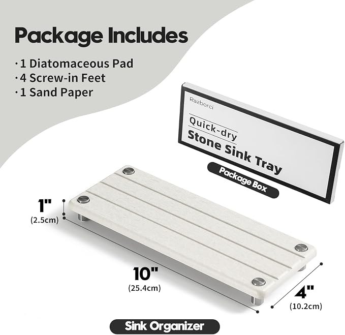Quick Dry Bathroom Tray & Kitchen Sink Organizer, Water Absorbing Countertop Sponge Holder Soap Dish, Diatomaceous Earth Stone Vanity Dispenser Toothbrush Bottle, Gray Beige, 10" x 4"