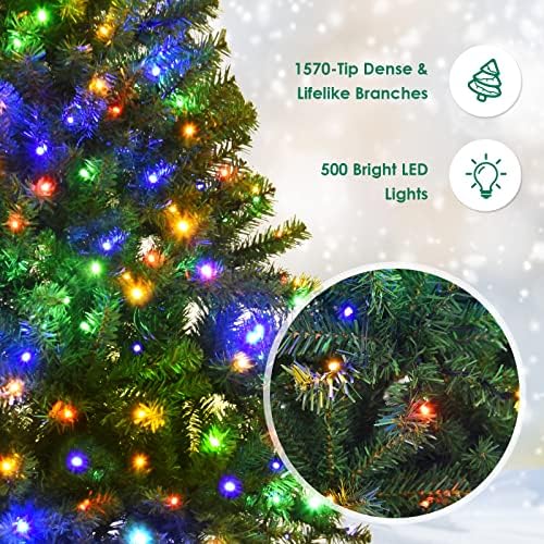 7Ft Pre-lit Artificial Christmas Tree, Pencil Hinged Christmas Tree w/ 500 Dual-Colored LED Lights, 1570 PVC Branches, 11 Light Modes, X-Shaped Metal Stand, Pine Xmas Tree for Home, Party