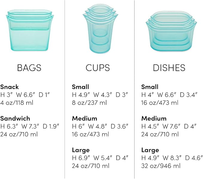 Zip Top Reusable Food Storage Containers Full Set of 8 Frost – Platinum Silicone Cups, Dishes & Bags – Microwave, Dishwasher & Freezer Safe – Made in USA, BPA-Free