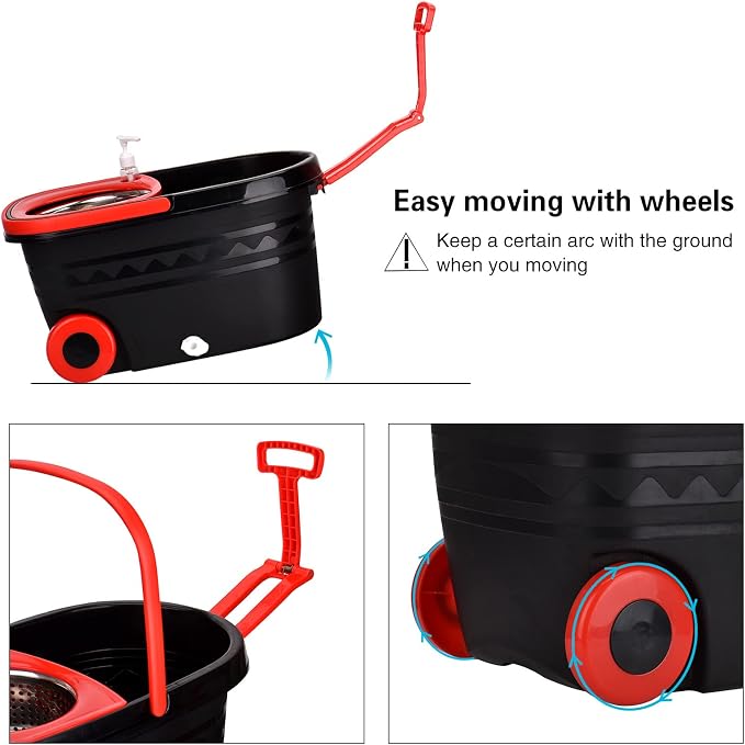 Spin Mop and Bucket with Wringer Set on Wheels, 3 Mop Refills, 61" Handle | 360° Spinning Mop System with Stainless Steel Extended Handle & 3 Microfiber Refills for Floor Cleaning