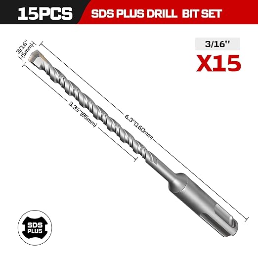 GEINXURN 15 PCS 3/16" x 6" Double Thread Rotary Hammer Drill Bits, Masonry Drill Bits Tool Set Carbide Tipped, Drilling in Brick, Stone and Concrete, Cement Walls