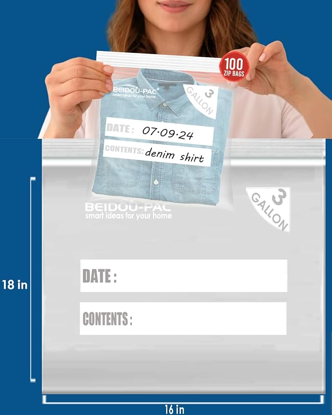BEIDOU-PAC 3 Gallon Large Plastic Bags with Zipper Top, | 100 Count | 2 Mil | 16" x 18" | Heavy-Duty Reusable Clear Freezer Storage Bags