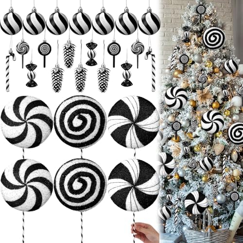 Hollowfly 27 Pcs Large Candy Christmas Decorations 7.87" Peppermint Lollipop Candy Christmas Decorations with Hanging Xmas Tree Ornaments Lollipop for Home Xmas Party Decor(Black and White)