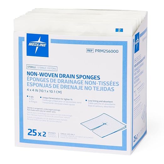 Medline Non-Woven Sterile Drain Sponges, 4"x4", 6-ply (Case Of 600)