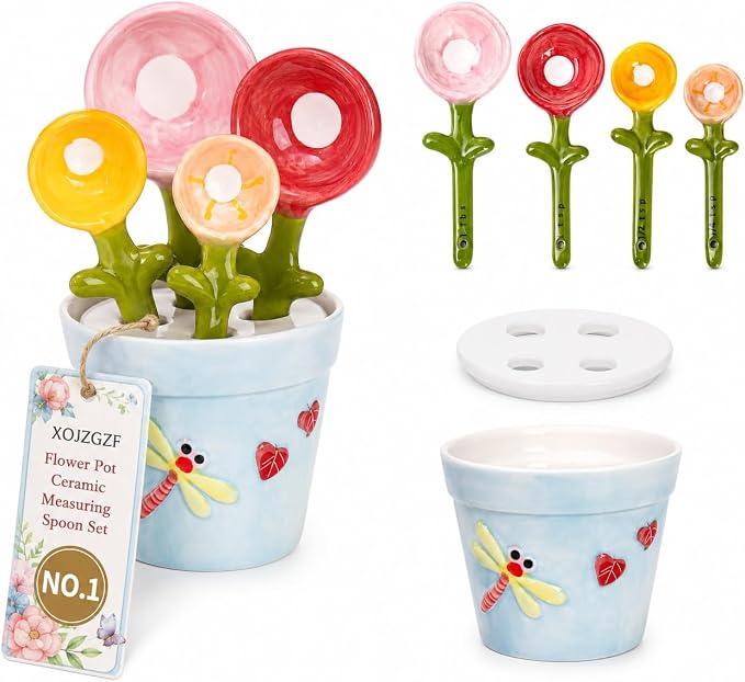 Flower Pot Ceramic Measuring Spoon Set, 5PCS Cute Spoons Cups with Base, Polygons Pink Decorative Teaspoon in Pot Holder, Unique Baking Supplies Gifts, Kitchen Cooking Stuff Gadgets Women(1*Blue)