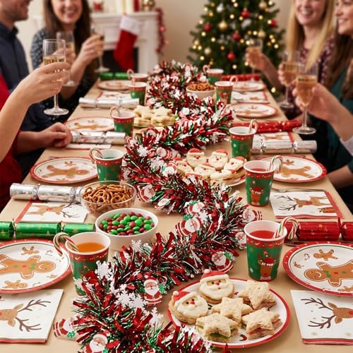 50 Feet Red Green Christmas Metallic Tinsel Twist Hanging Garland with Snowflake Santa Claus for Home Mantle Xmas Tree Staircase Railing New Year Holiday Party Indoor Outdoor Decorations