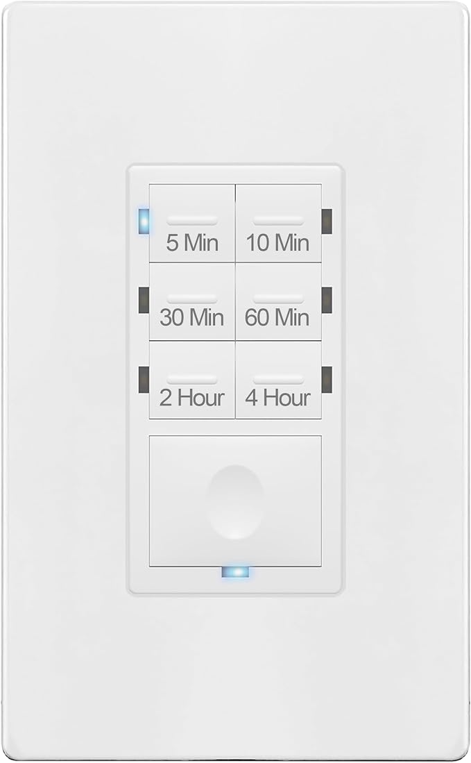 ENERLITES Countdown Timer Switch for Bathroom Exhaust Fan, Wall Light Switch Timer, 5 min – 4 hours, Night Light LED Indicator, Neutral Wire Required, UL Listed, HET06-4H-W, White