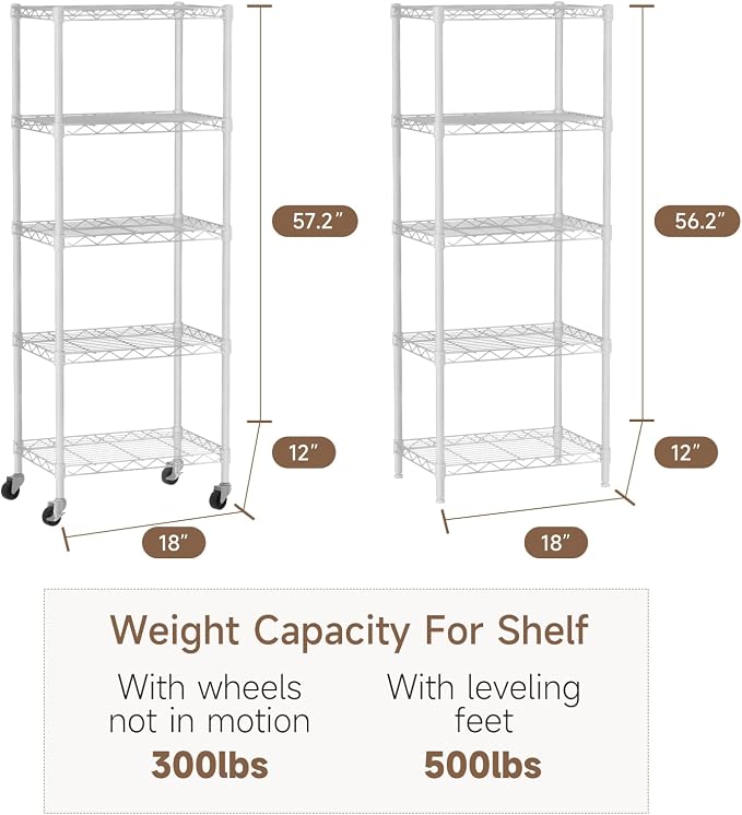 Golpart Small 5 Tier Shelves Storage Wire Shelving Unit Metal Shelf Adjustable Organizers Storage Shelving with Wheels for Bathroom Laundry Room Kitchen Pantry11.7”D x 17.7”W x 57.2”H White