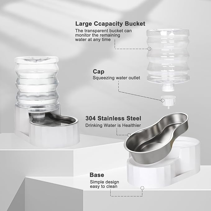 RIZZARI 4L Gravity Cat Water Dispenser: Filter-Free Compact Home Use | No Power Needed/Stainless Steel Bowl/Spill-Resistant Base/Perfect For Cats & Small Dogs/Easy Water Refill