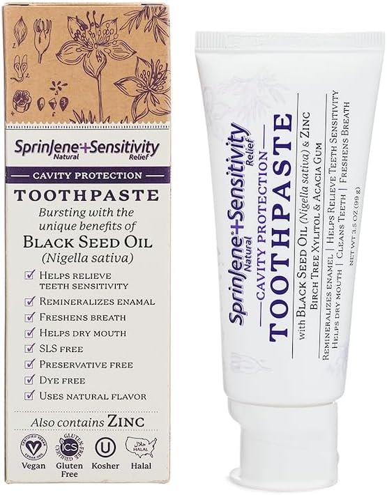 SprinJene Natural Sensitivity Relief Toothpaste – Fluoride Toothpaste for Sensitive Teeth & Cavity Protection – SLS Free with Patented Black Seed Oil & Zinc – Made in the USA (4 Pack)