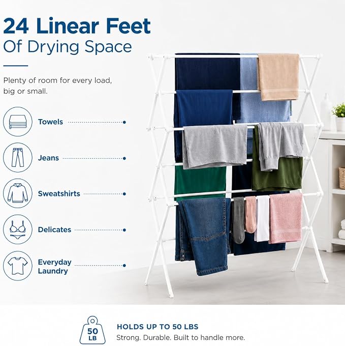 Honey-Can-Do 6-Tier Collapsible Clothes Drying Rack, 30", No Assembly, Grey | Accordion frame opens to 6 tiers with 24 ft of drying space, then folds flat to 3 in. Rust-resistant coated steel.
