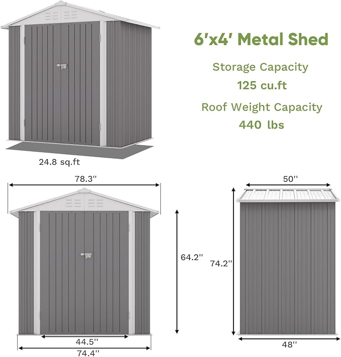 Patiowell 6x4 FT Outdoor Storage Shed, Metal Outdoor Sheds with Vents&Lock | Water-Resistance Garden Shed of Galvanized Steel for Lawn, Patio, Backyard Garden Tools, Bikes, Gray