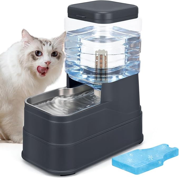 1.1 Gallon Pet Automatic Dog Water Dispenser Cat Gravity Waterer Feeder with Stainless Steel Bowl 8L Large Capacity Puppy Feeding Raised Bowls with Filter,Ice Pack (Charcoal Gray, 4L(1.1 Gallon))