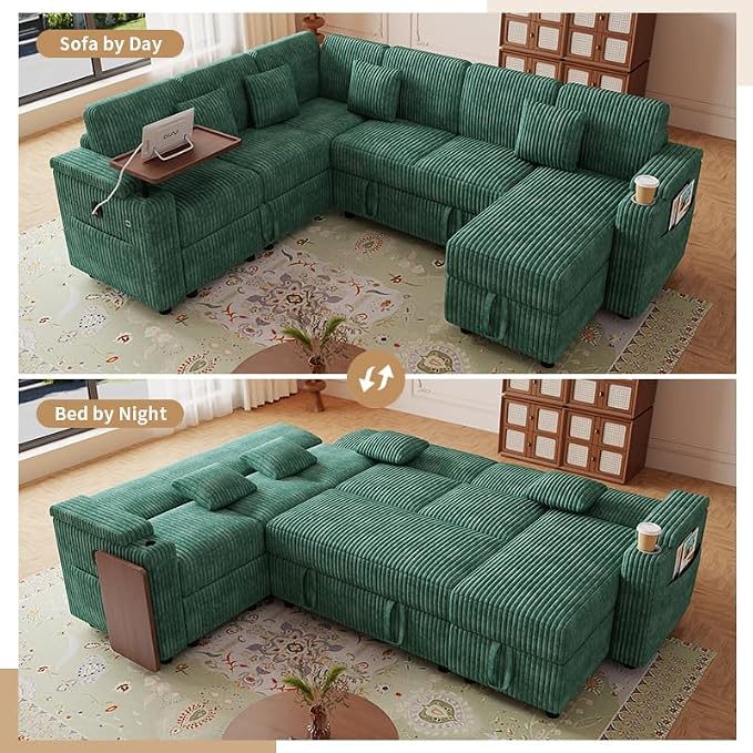 L-Shaped Sectional Sleeper Sofa with Pull Out Bed, Green | Plush Corduroy, Reclining Backrest, Storage Chaise, Usb Ports, Cup Holders & Table – Modular Cloud Couch for Living Room