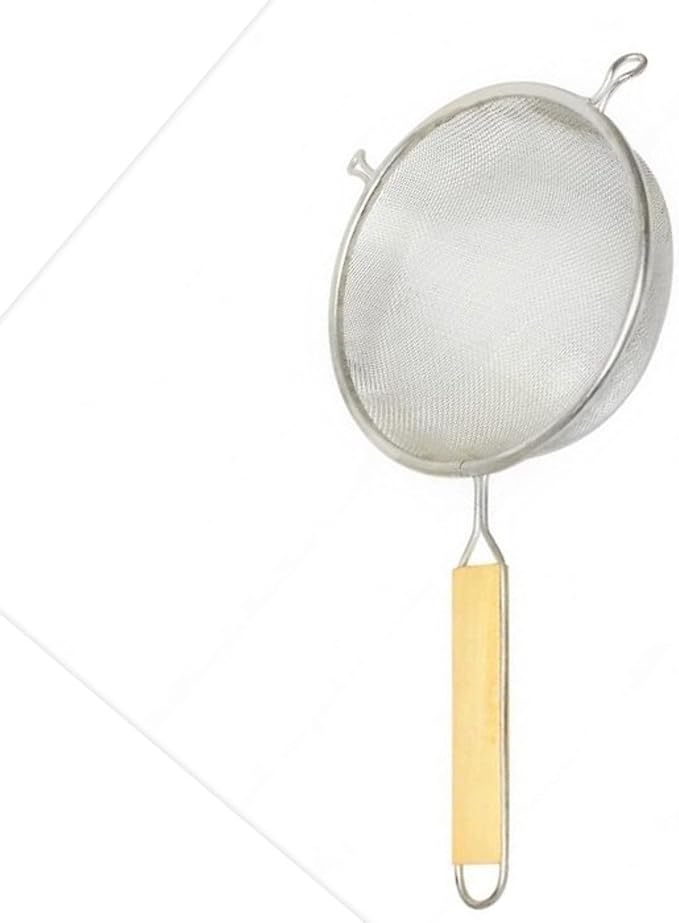 TrueCraftware- 8-Inch Single Fine Mesh Strainer Stainless Steel 6-1/2" Handle Length Wooden Handle- Kitchen Utensil Food Strainer Skimmer Spoon for Cooking Sieve Sifters Rice Pasta Fruits Vegetable