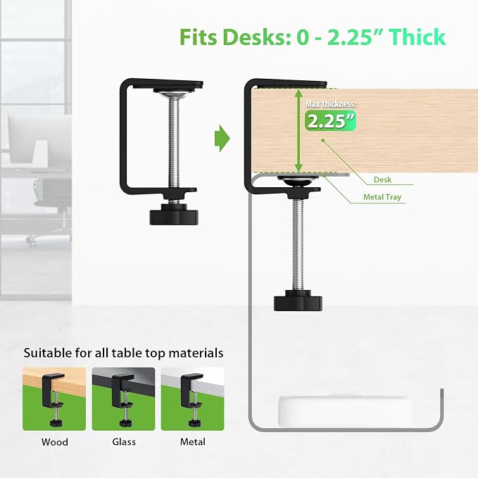 KEEGH 16'' Under Desk Cable Management Tray, No Drill Clamp Mount, Sturdy Metal Cable Tray for Power Strip, Cord Management Tray for Home Office, Gaming Desk, Standing Desk, Black, 1 Pack