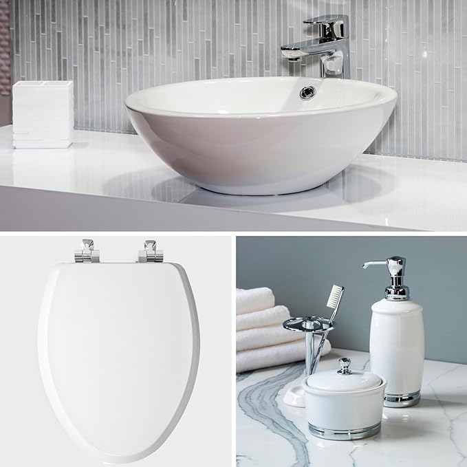 Mayfair Bennett Toilet Seat with Chrome Hinges, Slow Close Wood Seat, Secure Metal Hinges, Easy Install, Made in USA, Elongated, White
