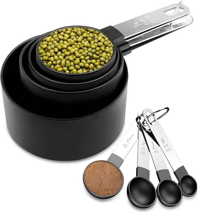 Fousenuk 8 Pieces Measuring Cups, Stackable Measuring Cups and Spoons Set with Stainless Steel Handle for Cooking and Baking, Measuring Tool for Measuring Liquids and Solids