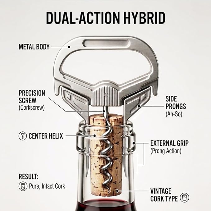 Professional Wine Opener for Vintage Bottles - Hybrid Corkscrew & Ah-So Cork Puller Set, 304 Stainless Steel Two-Prong Remover for Fragile Old Corks, Recognized by Sommeliers