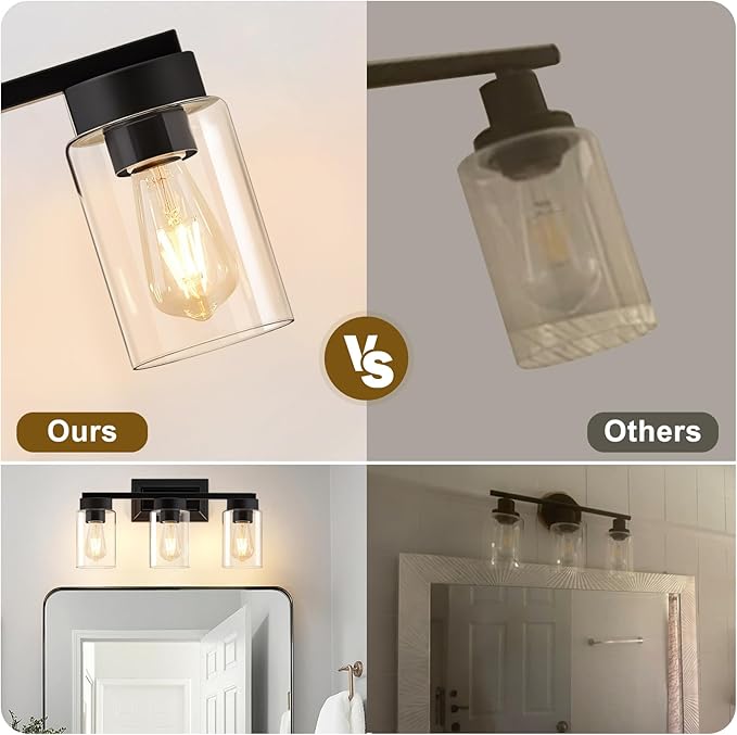 EJIAXIN Bathroom Lights Over Mirror, 3 Light Bathroom Light Fixtures with Clear Glass Shade Modern Matte Black Vanity Lights Lighting for Bathroom, Mirror, Living Room, Bedroom, Hallway