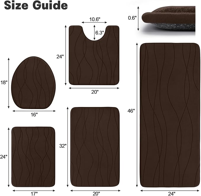 YIHOUSE Bathroom Rugs Set 5 Piece, Memory Foam Bath Mat Brown | Ultra Soft, Absorbent, Non-Slip, Machine Washable, for Bathroom, Sink and Toilet
