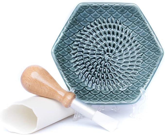 The Grate Plate 3 Piece Handmade Ceramic Garlic Grater Set - Grater, Peeler, Brush