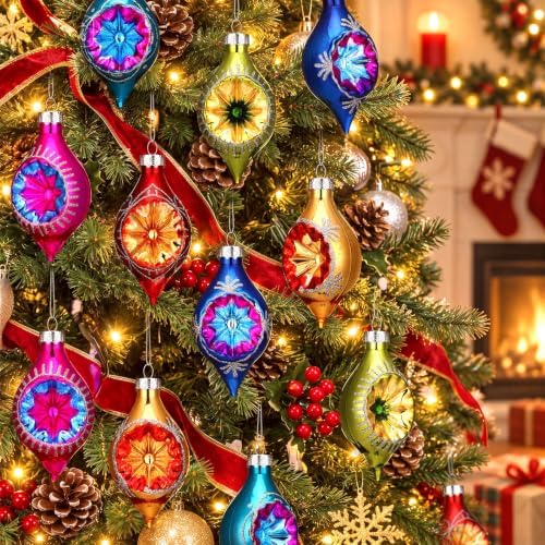 12pcs 4.1'' Vintage Christmas Glass Tree Ornament with Reflector, Oval