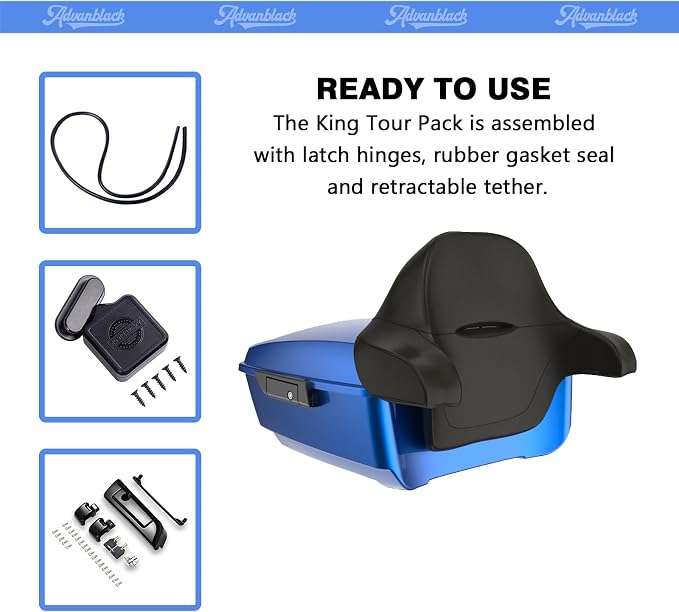 Advanblack Road Glide Tour Trunk Pack Blue Burst King Tour Trunk Pack Luggage +Wrap-Around Backrest Pad for '97-'25 Harley Touring Road King Street Glide Electra Glide CVO models