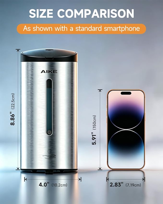 AIKE Automatic Foam Soap Dispenser 25oz for Bathroom,Brushed Steel AK1205FA | Rich Foam and Stainless Steel,No-drill and Screw Wall Mount,5-Level Adjustable and Key for Commercial(Batteries Not Included)
