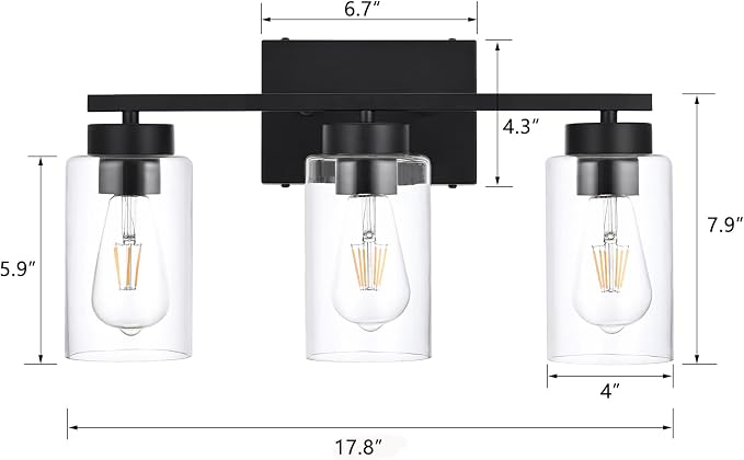 3-Light Bathroom Vanity Light, Modern Black Wall Lights with Clear Glass Shades, Bathroom Wall Sconce Lamp for Mirror Living Room Bedroom Hallway