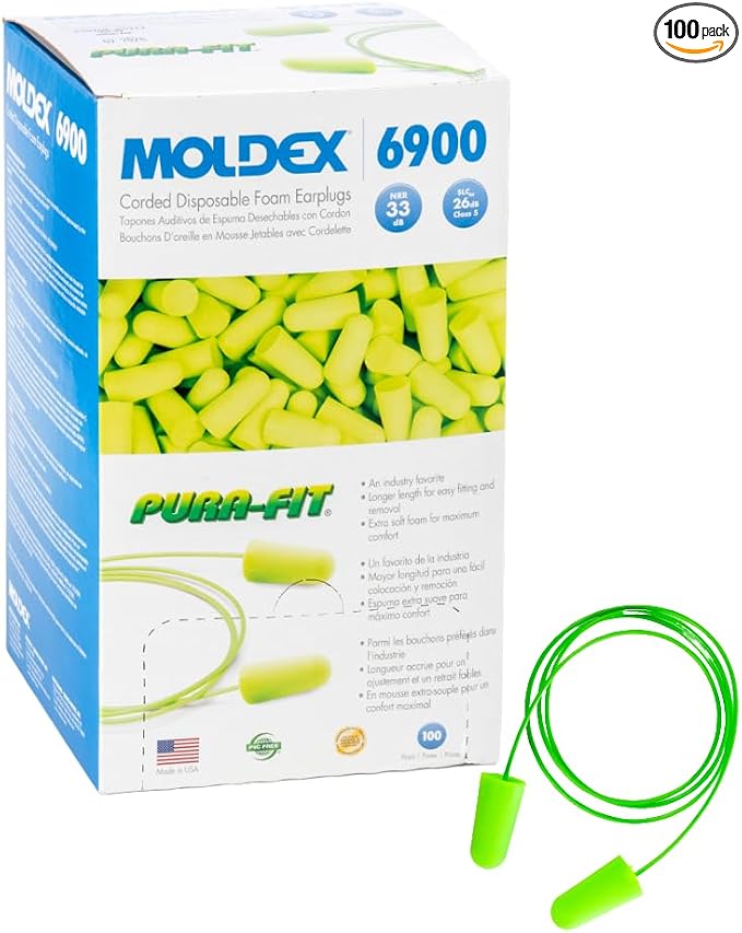 Moldex Pura-Fit Foam Earplugs – Soft, Comfortable, Corded, Disposable Ear Plugs, NRR 33dB Noise Reduction for Hearing Protection, Bright Green, Made in USA, 100 Pairs, 6900