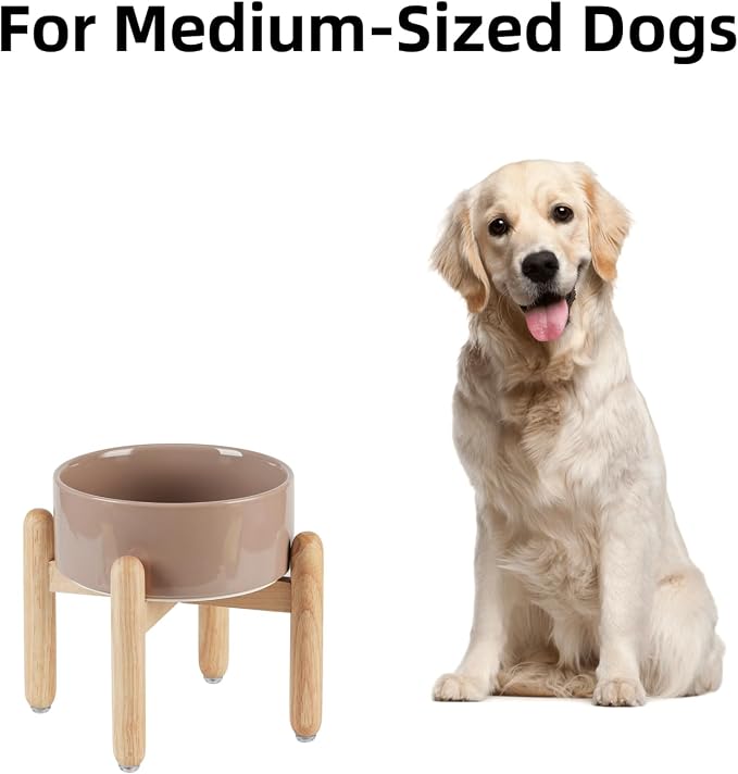 Havniva Elevated Dog Bowls Ceramic Dog Bowls with Stand, Dog Food Bowl | 7.3” Raised Dog Bowls with Non-Slip Wood Stand, Dog Food and Water Bowl Set, Dog Feeding Bowls for Medium Dogs