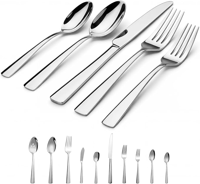 45-Piece Flatware Sets, Silverware Set for 8, Durable Stainless Steel Tableware in Ergonomic Design Size and Weight, Kitchen Utensils Set with Steak Knives, Rust-proof, Dishwasher Safe